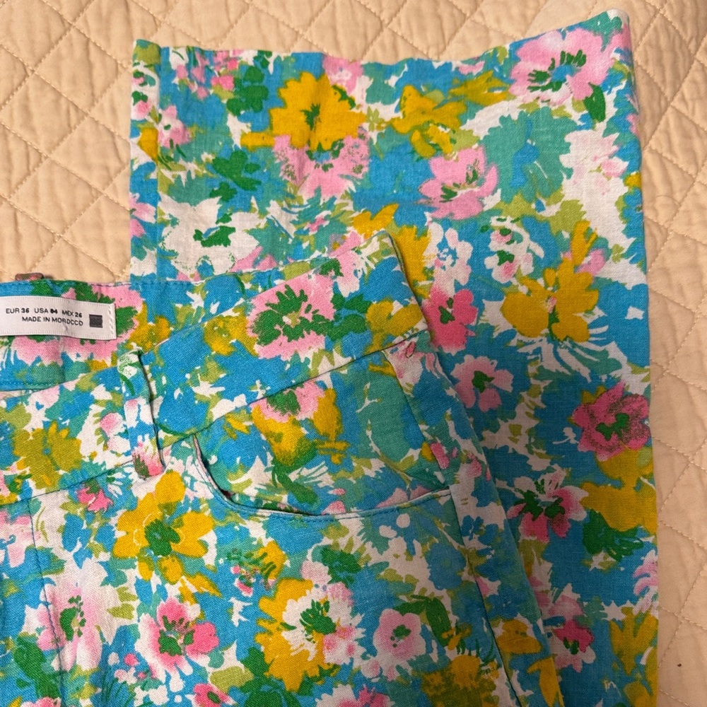 Zara Floral Straight Leg Pants - Blue, Yellow, Pink - Picture 5 of 8